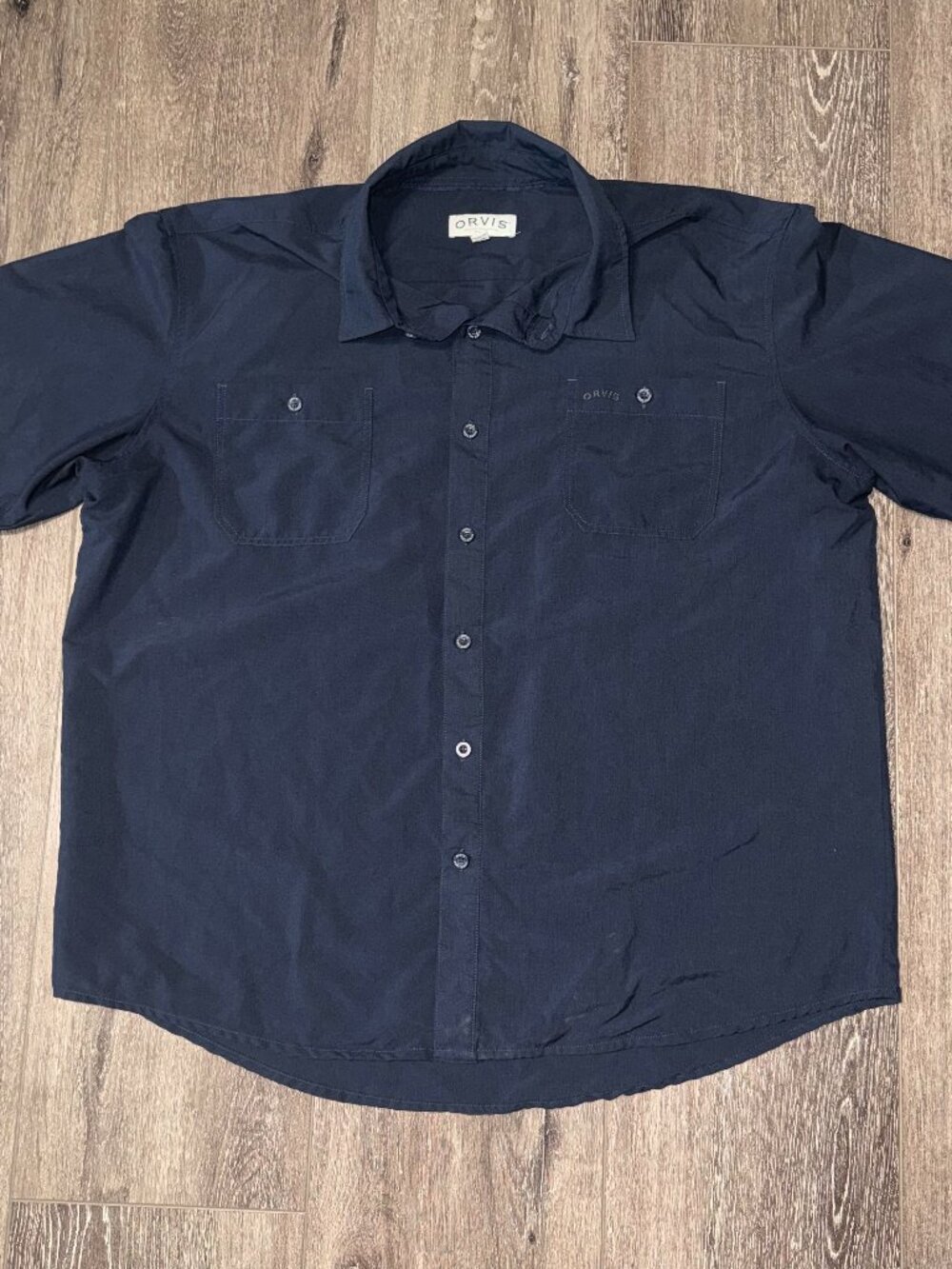 Orvis Shirt Mens XXL Navy Blue Short Sleeve Shirt Button Up W/ Pockets